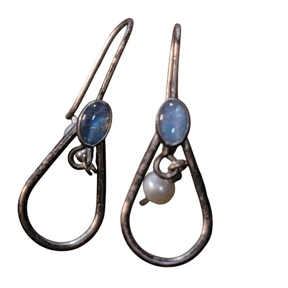 Vintage Sterling Silver Teardrop Earrings With Blue Opal & Pearl Accents - Picture 7 of 8